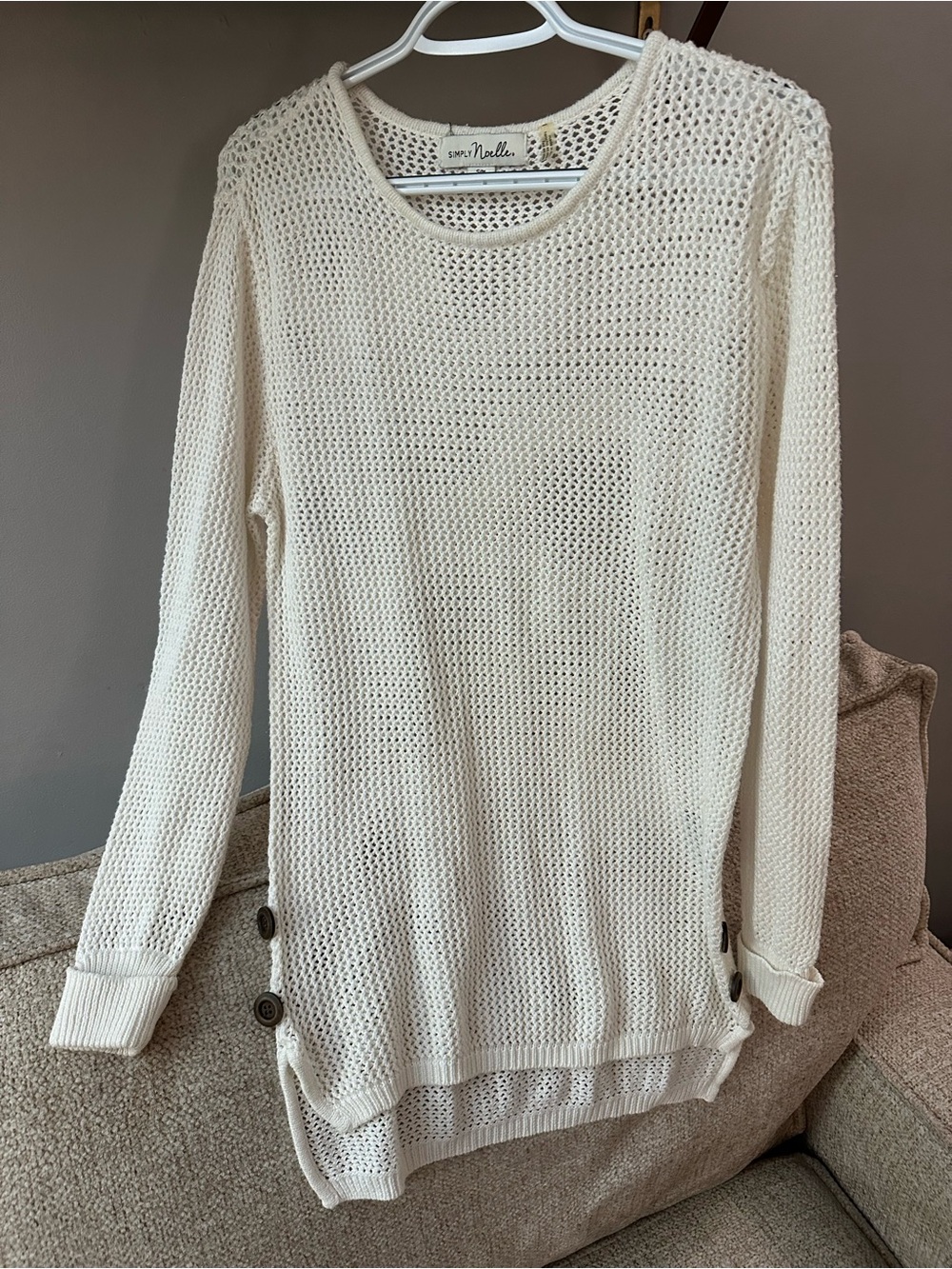 Simply Noelle Cream Open-Knit Button Side Sweater 100% Cotton